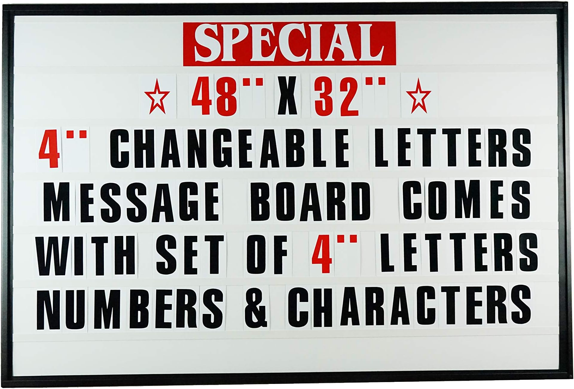 Changeable Letter Board Large 48"x 32" Outdoor Sign with Metal Frame - Clear Acrylic Protection Cover and 4 Inch Black Letters and Red Characters Letters Sign Made in USA!