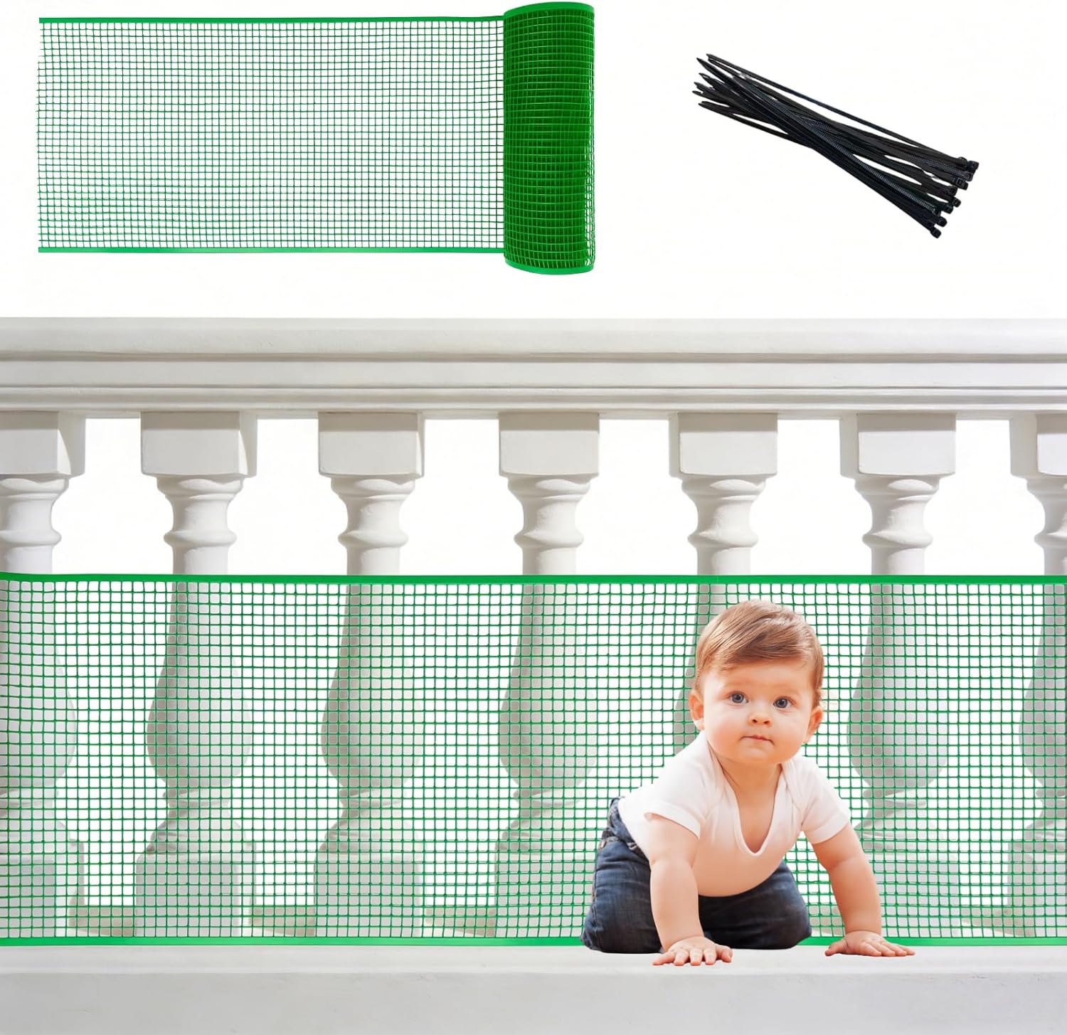 PotatoLife Plastic Wire Mesh Fence, Balcony Fence for Baby and Pets, Safety Fence, Stair Protector, Poultry, Garden, Tree Support, Durable Material, Free Zip Ties (Black, 15.7'' x 40')