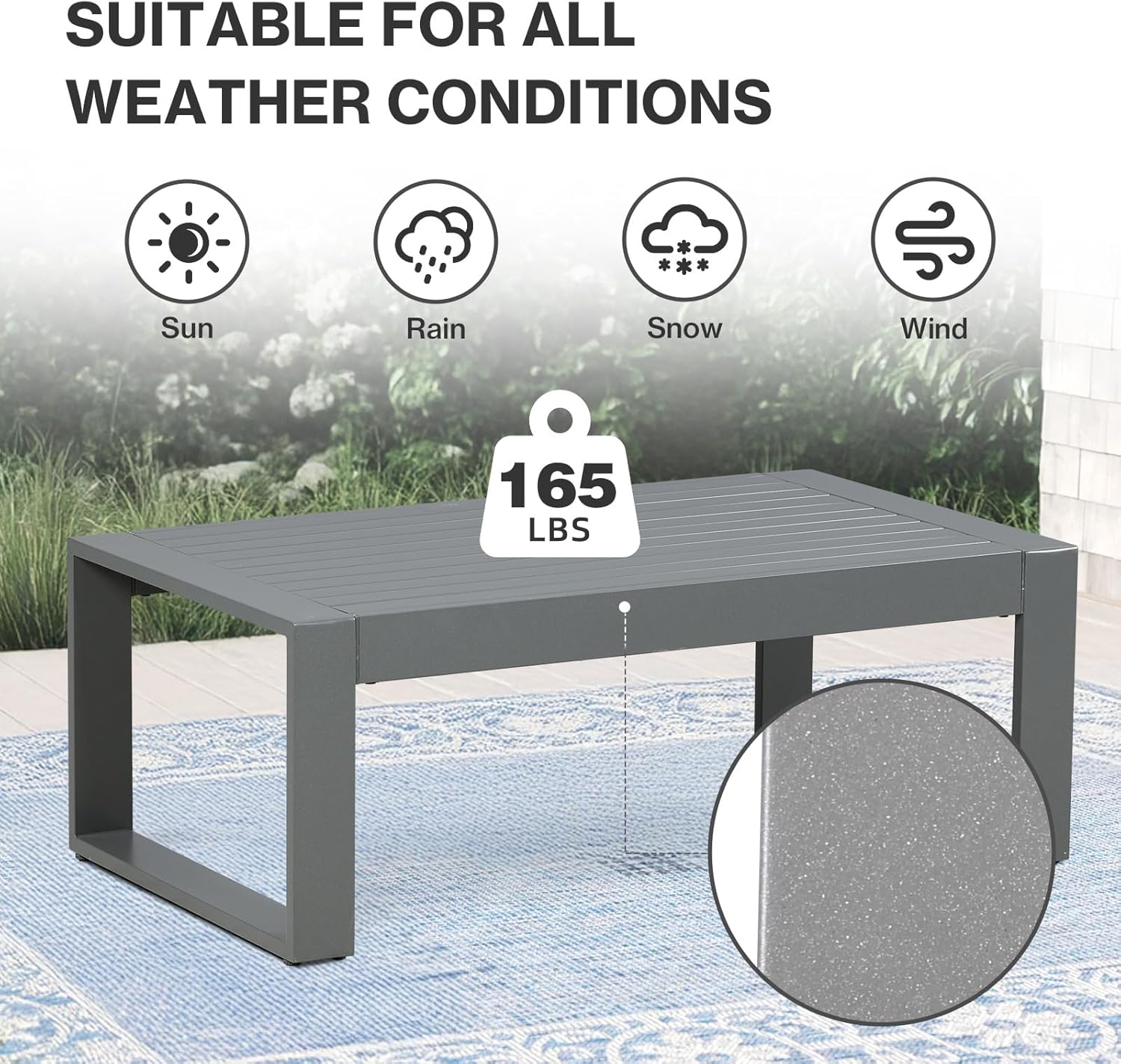 Aoodor Aluminum Patio Furniture Coffee Table, Modern Rectangle All-Weather Patio Metal Coffee Side Table for Outside, for Balcony, Garden, Yard, Grey