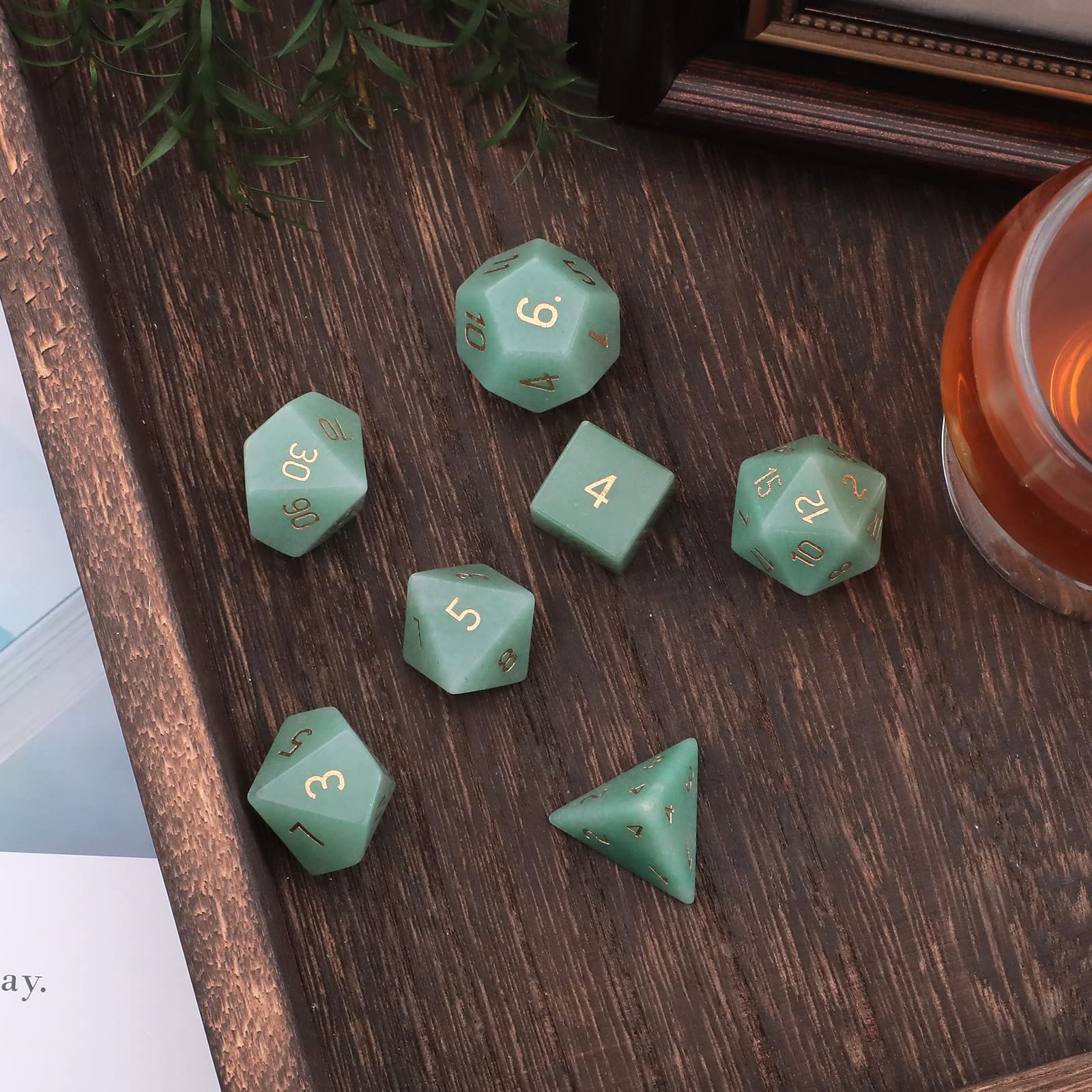 Lot de 7 dés polyédriques DND en cristal pour jeux de rôle Donjons et Dragons, aventurine verte