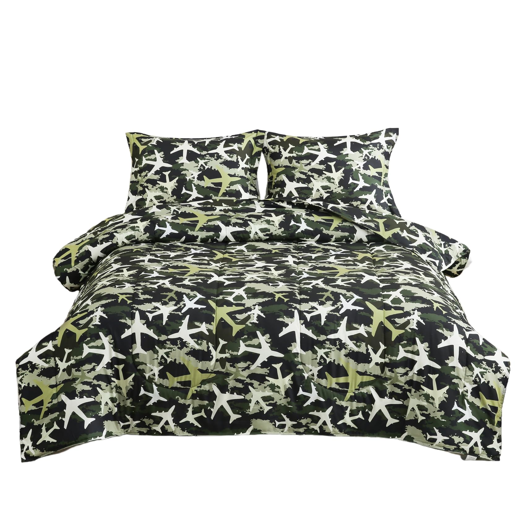 Yibeizi Airplane Comforter Set Boys Full Green Camouflage Bedding