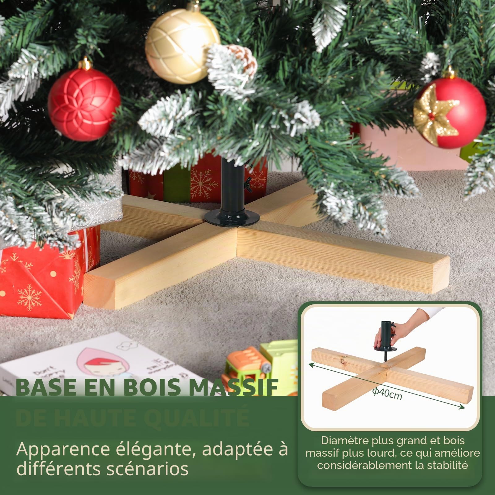 LIFERUN Sapin de Noël Artificiel 150cm, Sapin Nordmann Premium, Arbre de Noël Artificiel avec Neige Artificielle et 28PCS Vrais Cônes, 676 Branches, Aspect Hivernal, Socle en Bois, pour Noël