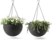 Keter Resin Rattan 2-Pack Round Hanging Planters - Durable Woven-Look Baskets for Indoor Outdoor Porch Patio Decor, Graphite