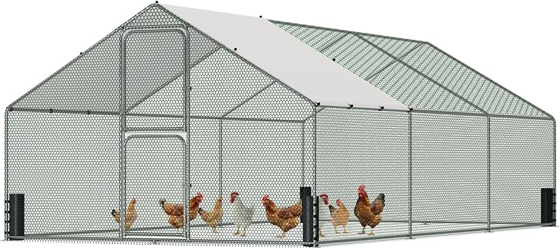 Large Metal Chicken Coop, Chicken Run with Feeding Door, Security Lock and Cover, Outdoor Walk-in Duck/Rabbit Cage Poultry Pen for Backyard, Farm, Yard Silver - Spire Roof, 19.7 x 9.8 x 6.5 FT