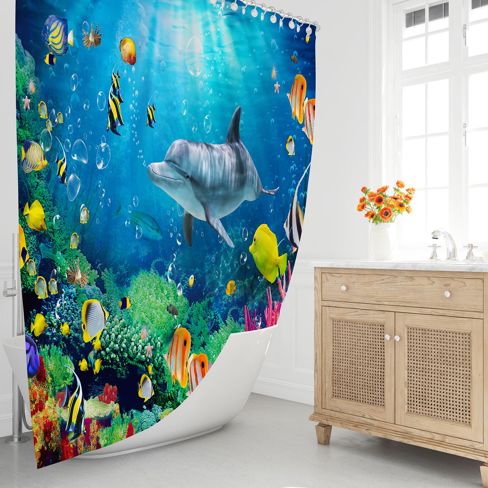 Delfini Tenda Doccia Antimuffa 180x200 cm Tessuto in Poliestere Tenda per Doccia Pesci Oceano Colorata Stoffa Impermeabile Tende Vasca da Bagno con Anelli Lavabile Lavatrice