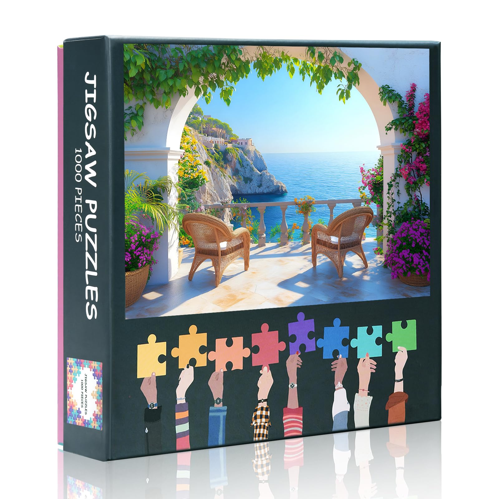 Jigsaw Puzzles 1000-Pieces - Summer Terrace with Rattan Chairs & Floral Arch - 20x28 Inch Botanical Architecture Puzzle for Adults - Patio Relaxation with Climbing Vines & Hydrangeas