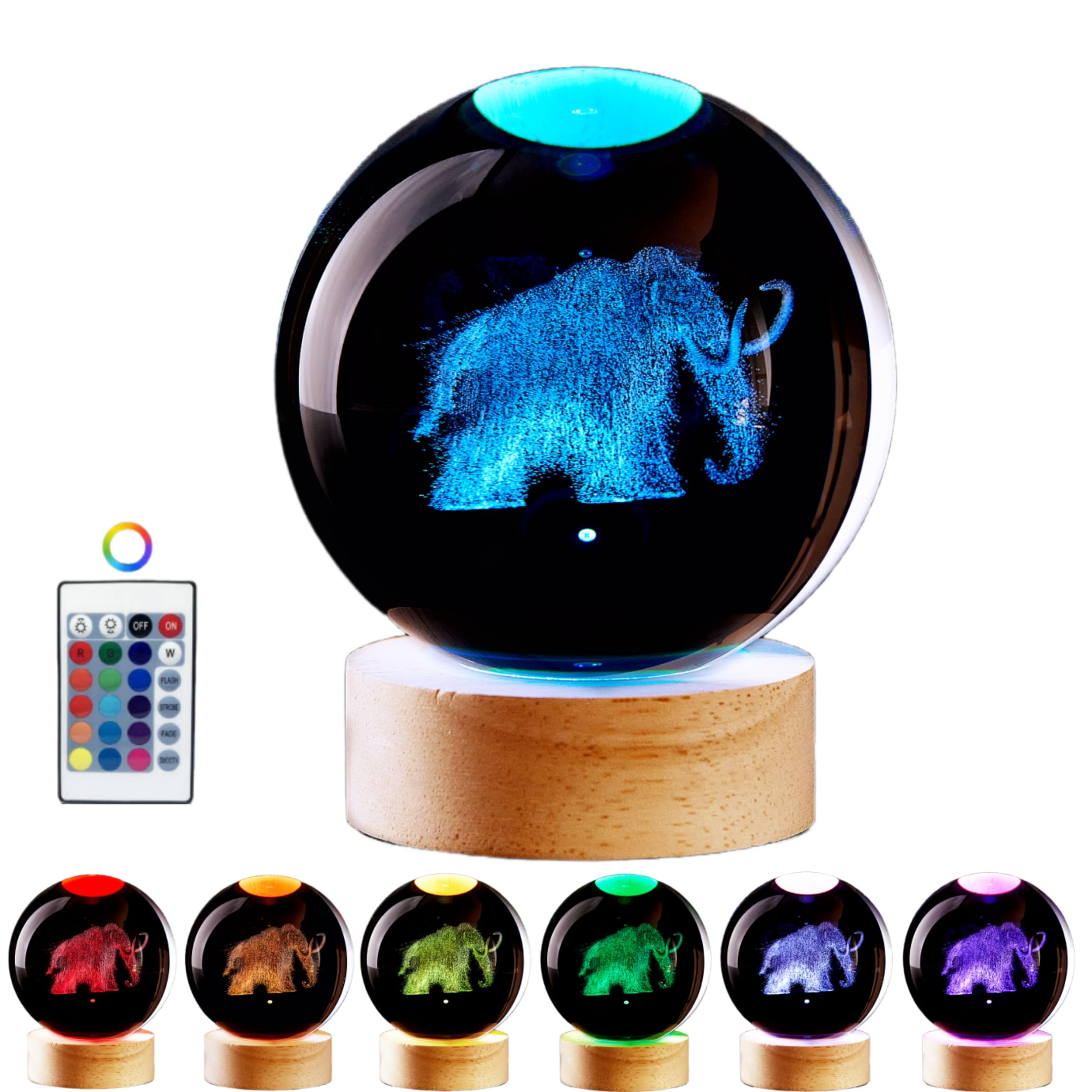 Grande luce notturna a forma di elefante con base in legno, lampada di cristallo 3D Mammoth con 16 colori che cambiano con telecomando, sfera di vetro incisa al laser, decorazione per la