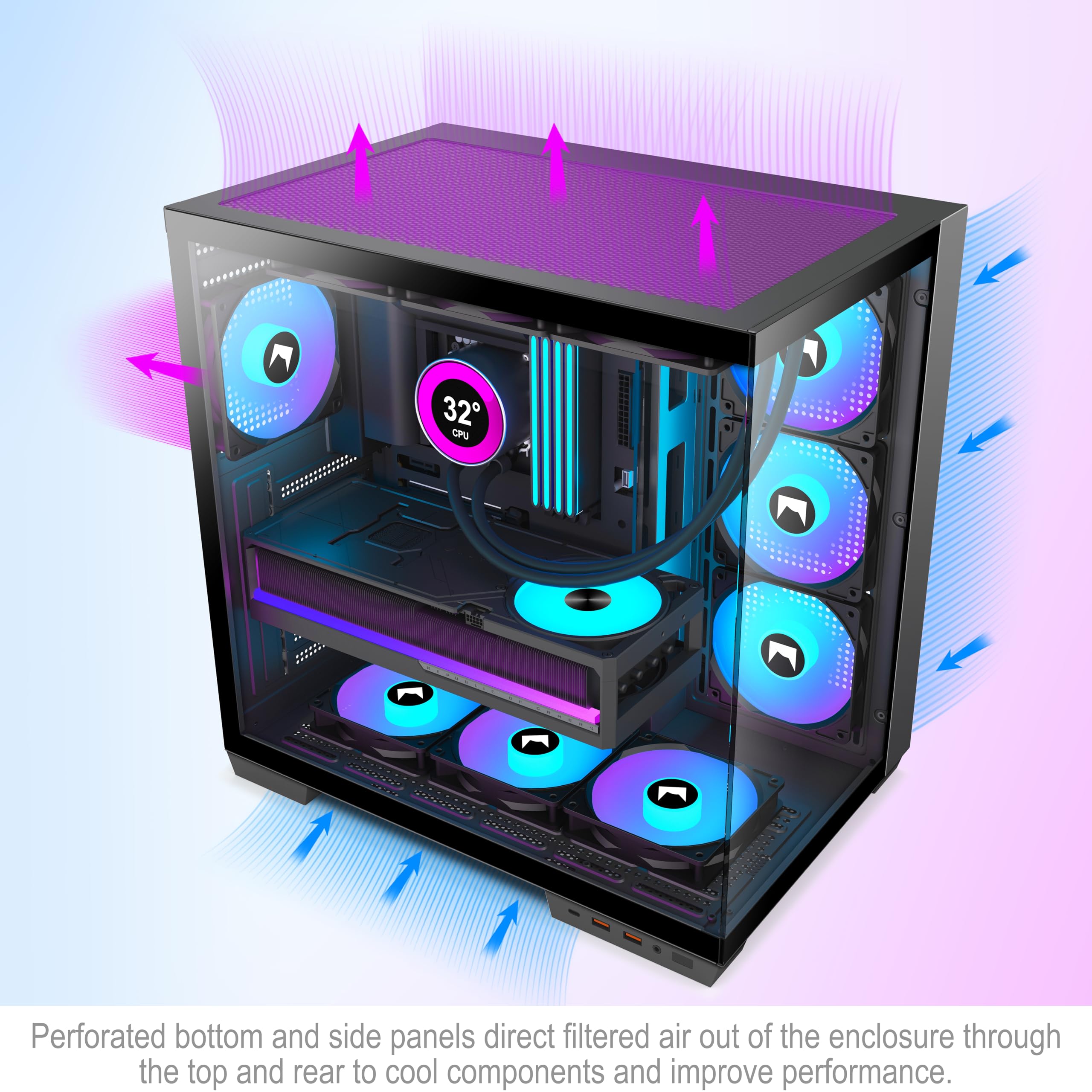 H1 ATX PC Case-Pre-Installed 7 PWM ARGB Fans, Dual Chamber Mid-Tower Gaming PC Case, with Type-C, Simultaneous Installation of 3x 360mm Radiators, Black (Black, H1) — view 6