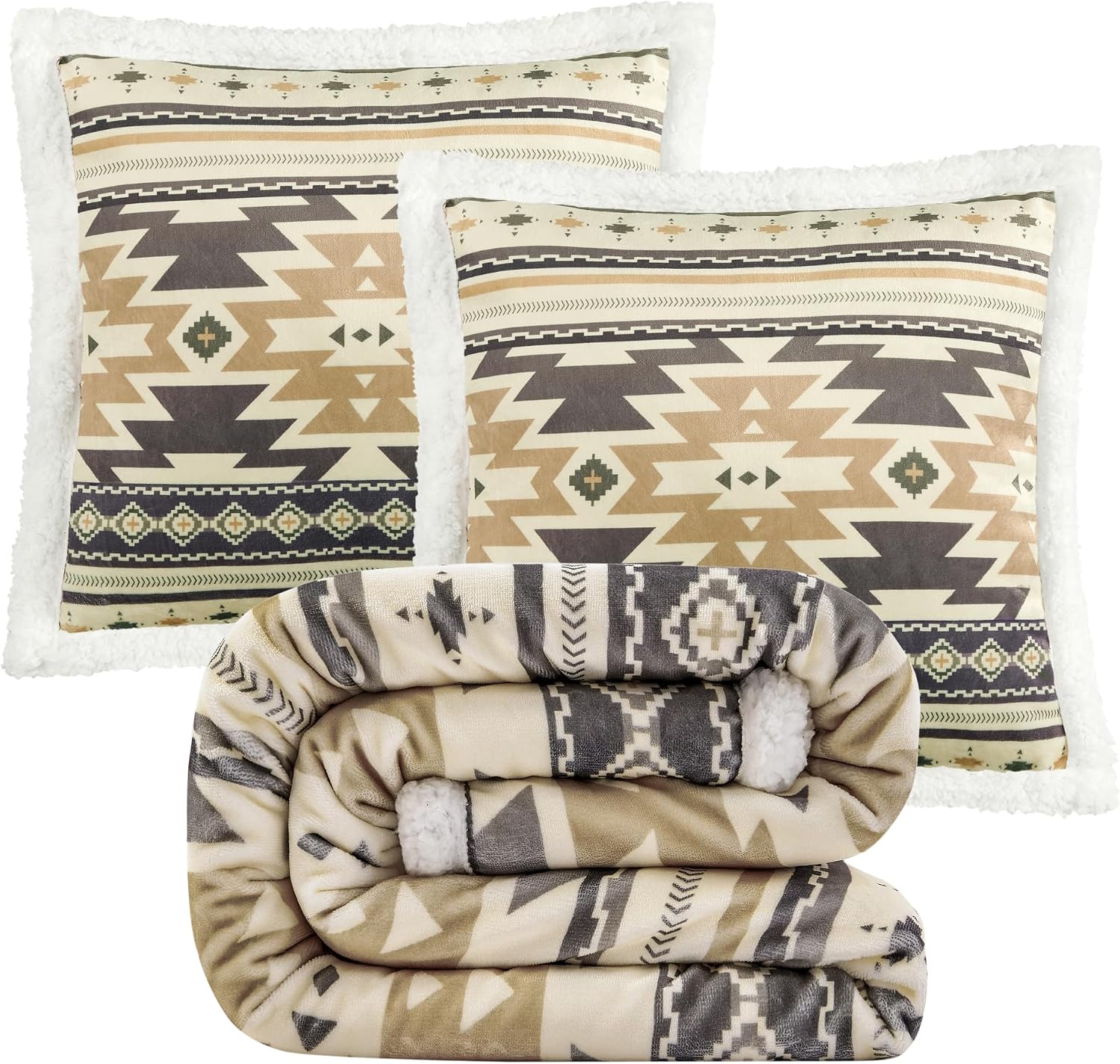 Paseo Road Indigo Hill by HiEnd Accents Desert Sage Aztec 3 Piece Sherpa Throw Blanket Set, Tribal Navajo Print Fleece Throw Set, Western Southwestern Style, 1 Throw and 2 Throw Pillows