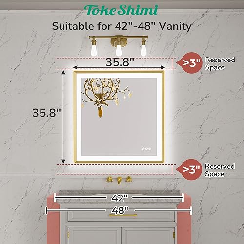 Miniatura 2 de TokeShimi Espejo de tocador de baño LED dorado de 36 x 36 pulgadas con luces delanteras, marco de aleación de aluminio retroiluminado, borde