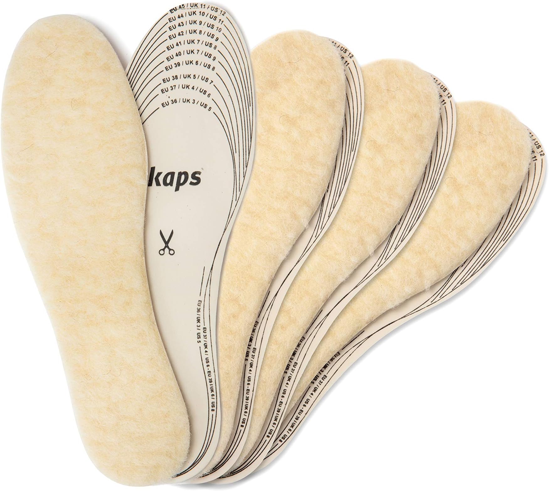 Kaps Winter Insole Set, 4 x Sheep Wool Inserts for Shoes and Boots, Warm & Soft, Set of 4 Pars Cut to Size Shoe Insoles for Adults Unisex, 4 Pair Pack