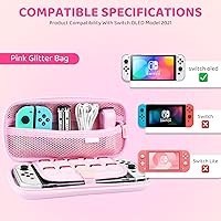 Vista 4 de GLDRAM Pink Travel Case for Nintendo Switch OLED & Accessories, Portable Carrying Case with Clear Glitter Dockable Switch OLED Protective Skin