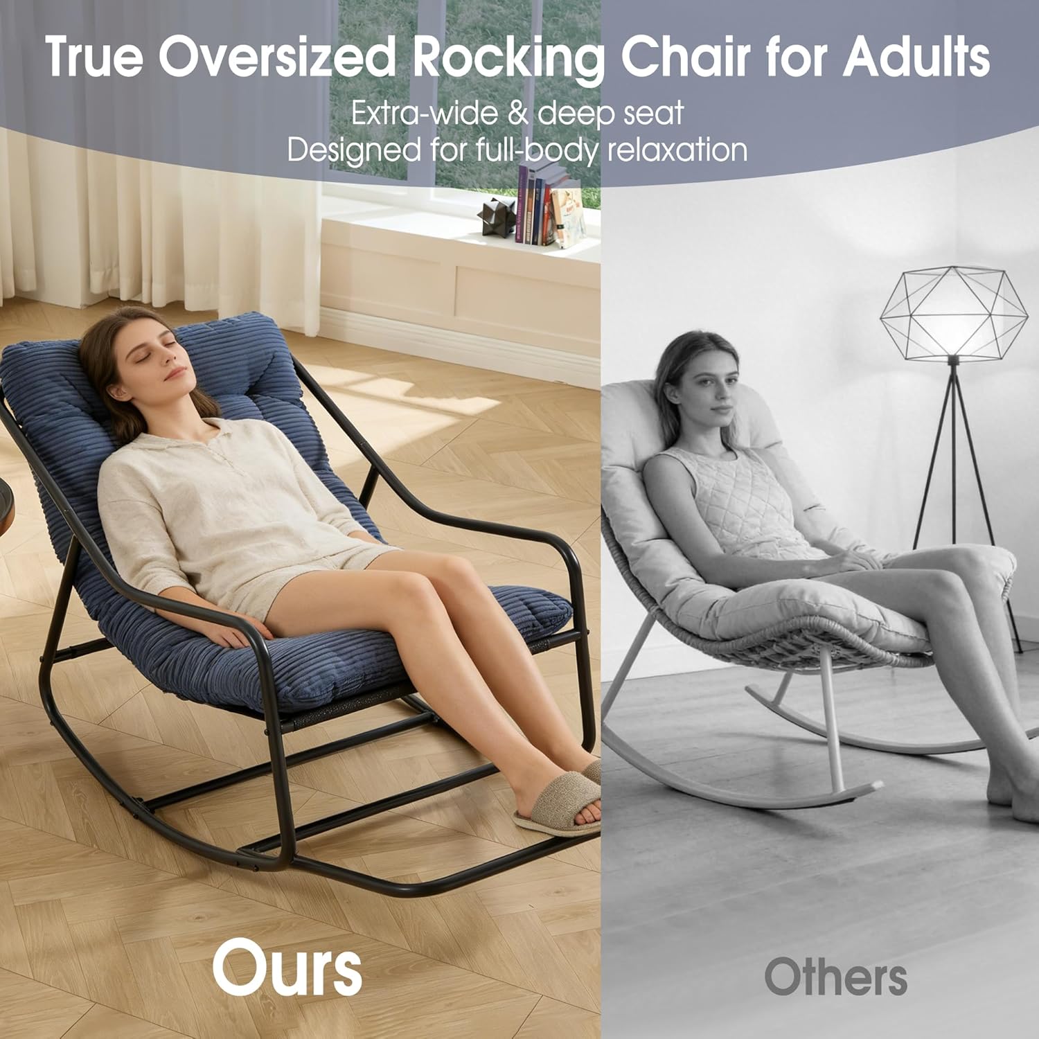 Oversized Rocking Chair, Cozy Papasan Chair with Thick Cushion-Wrapped Frame for Outdoor & Indoor – Heavy Duty Steel Frame, Max 350lbs, Navy