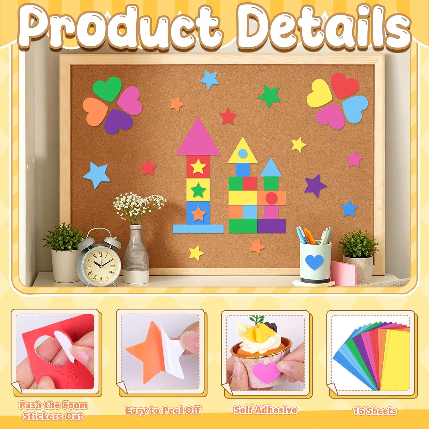1616Pcs Foam Shape Stickers for Crafts 8Colors Foam Stickers,Geometric