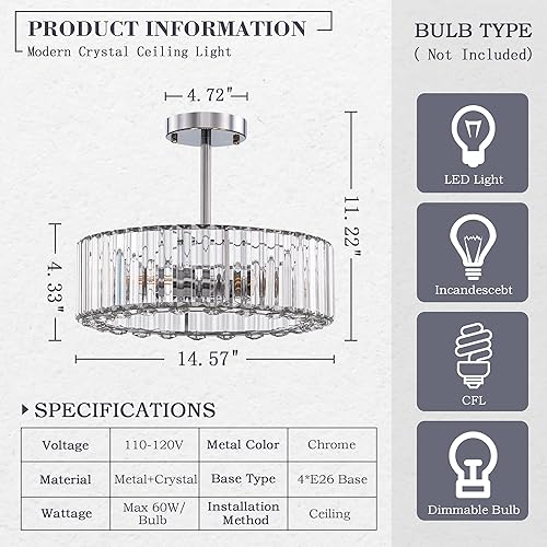 Miniatura 5 de Candelabro de cristal moderno de 4 luces, lámpara de techo semiempotrada plateada para sala de estar, comedor, cocina, dormitorio