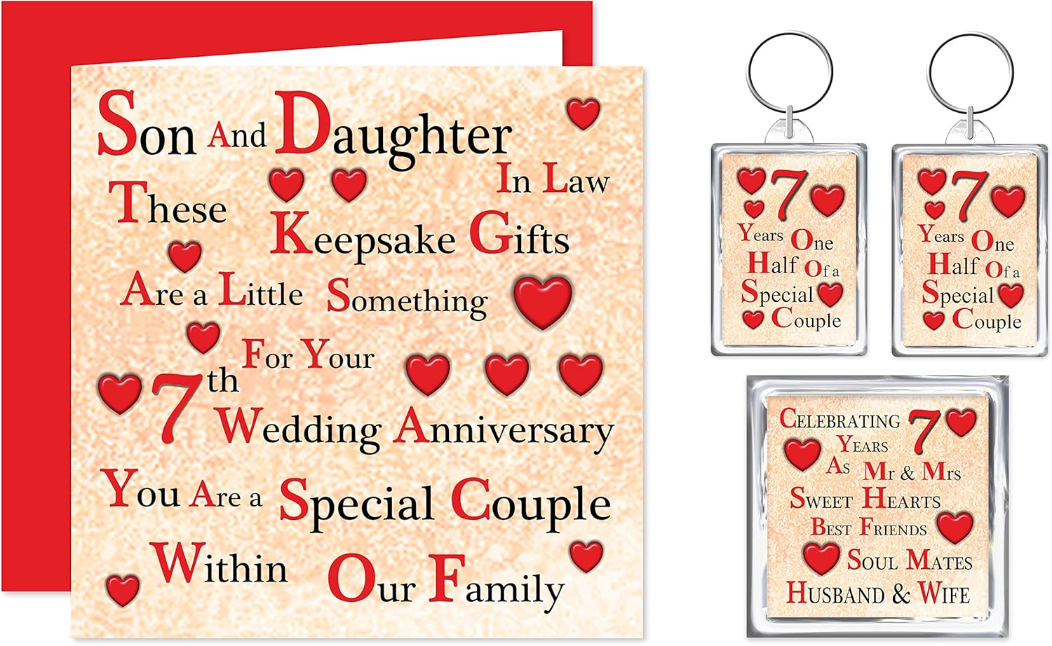 Son Daughter In Law 7th Wedding Anniversary Card 2 Keyrings Fridge Magnet Present A Special Couple On Your Wool Anniversary 7 Years Gift Amazon Co Uk Stationery Office Supplies