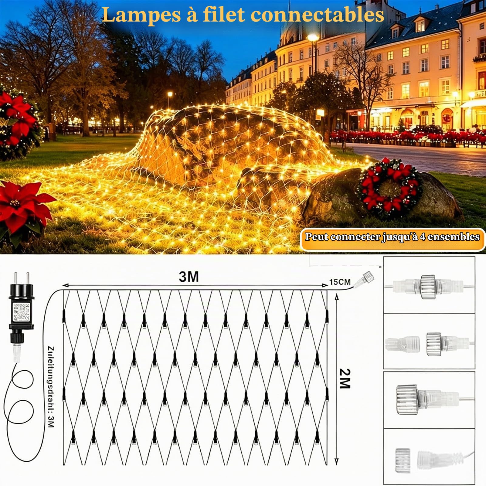 Lot 2 3x2M 200 LED Filet Lumineux Extérieur avec Prise, Blanc Chaud | Fonction minuterie, 8 modes lumineux variés et IP65 étanche, parfait pour jardin, chambre et décoration de Noël intérieur