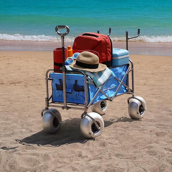 Beach Wagon with Balloon Wheels and Chair Racks, Collapsible Cart with Big Wheels for Sand, Heavy Duty 300 lbs Capacity, Folds Thin with Quick-Release Forks (10'' Wheel)