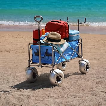 Beach Wagon with Balloon Wheels and Chair Racks, Collapsible Cart with Big Wheels for Sand, Heavy Duty 300 lbs Capacity, Folds Thin with Quick-Release Forks (10'' Wheel)
