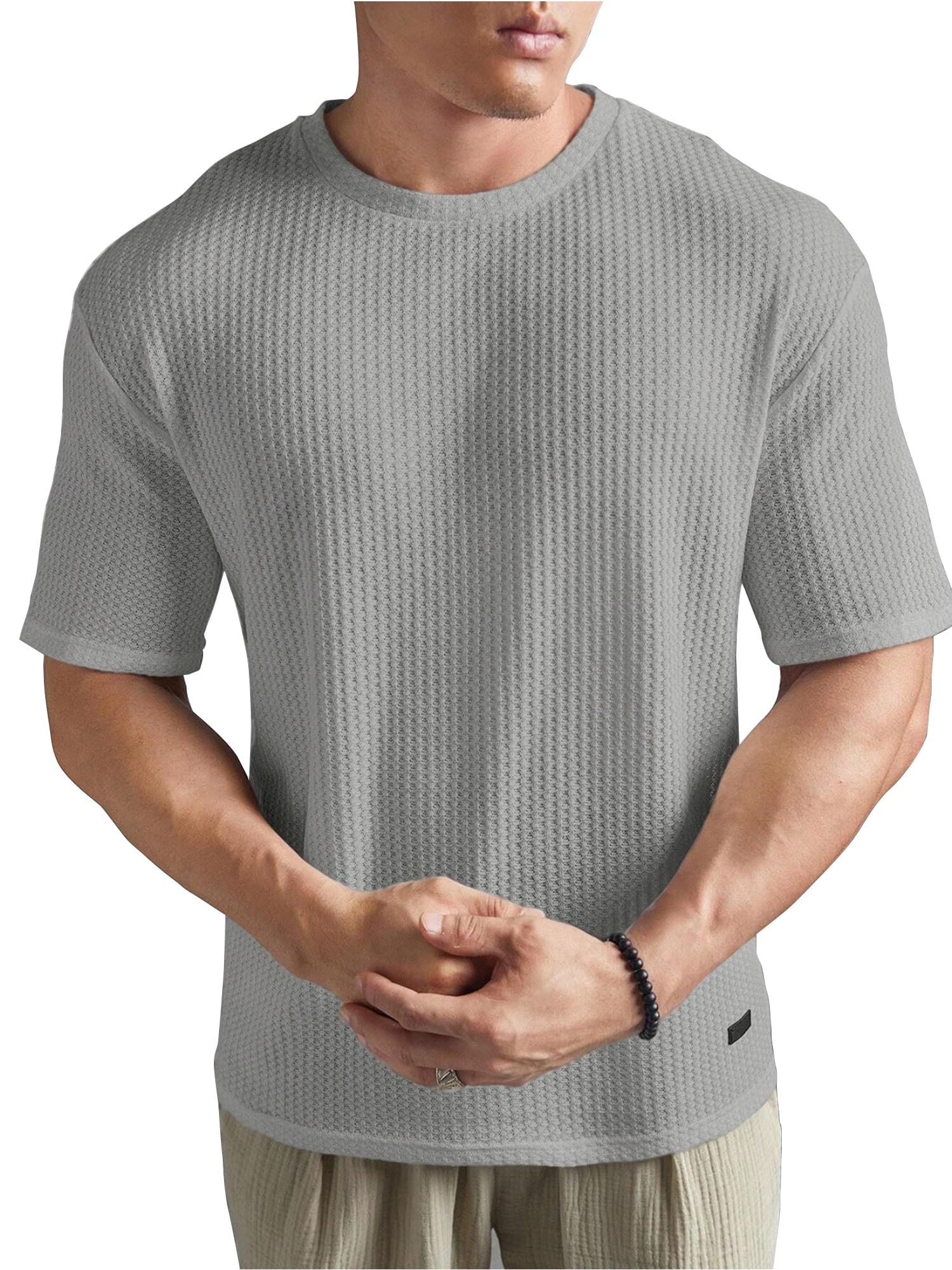 jump cuts Mens Round Neck 3/4th Sleeve Dark Grey Solid Waffle Polyester Oversized Fit T-Shirt-picture-47