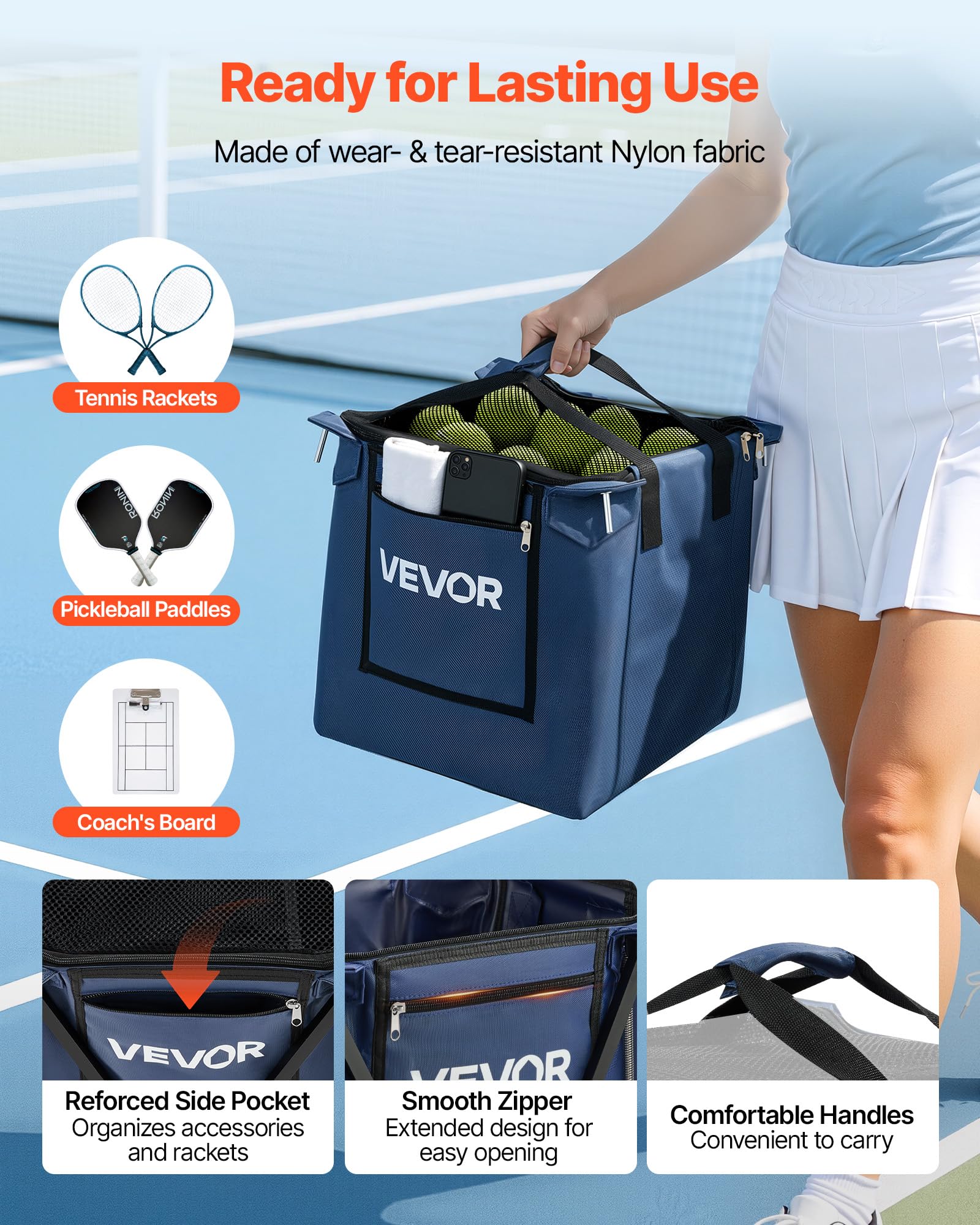 VEVOR Panier à Balles de Tennis et Pickleball 2-en-1 avec roulettes, Capacité de 150 Balles de Tennis ou 260 Pickleballs, Chariot Pliable avec Tube de Ramassage, Panier Portable pour Entraînement