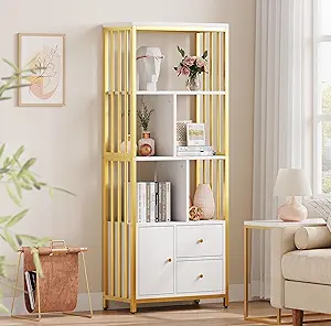 IDEALHOUSE Gold Bookshelf with Drawers Modern Bookcase Storage Rack Shelf Tall Standing Bookshelves Metal Frame Large Display Racks Book Shelf for Bedroom, Living Room, Home Office