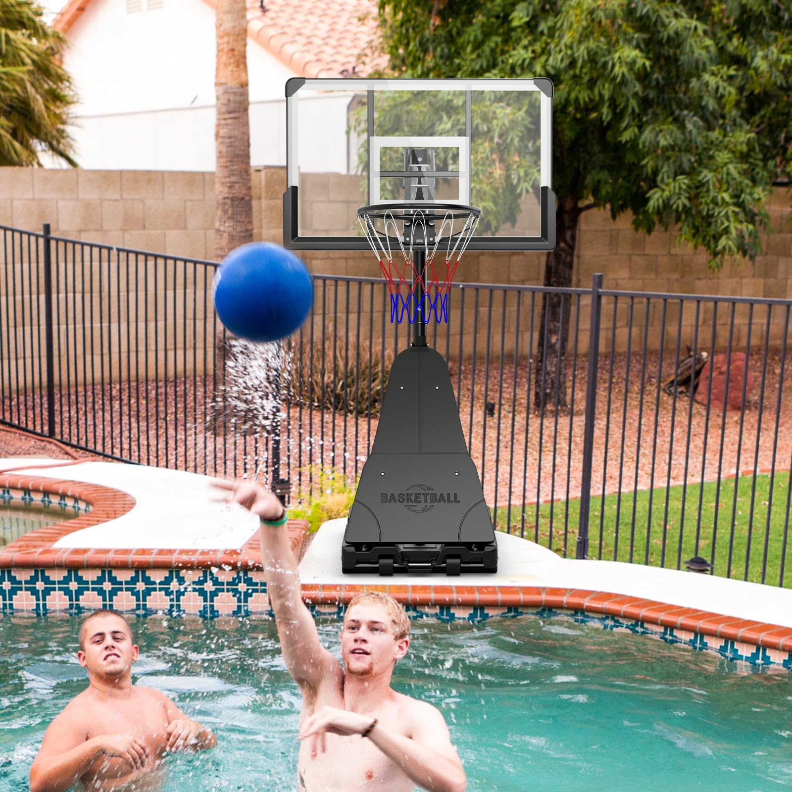 GYMAX Panier de Basketball Extérieur et Intérieur Mobile, Hauteur Ajustable 150-305cm sur 10 Niveaux, Base Remplissable d'eau et de Sable, Structure Stable Triangulaire, pour Enfants et Adultes