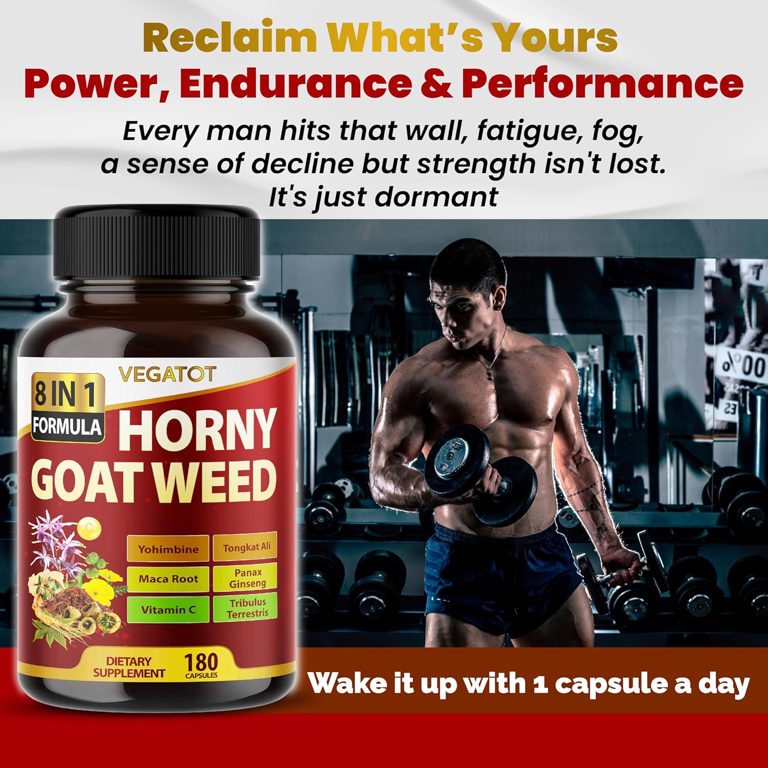 Horny Goat Weed 600 g com Yohimbina, Tongkat Ali, Maca, Tribulus e Panax Ginseng – Suporte de Força e Vitalidade 8-em-1 – 180 Cápsulas – Vegatot – Sem Glúten, Verificado em Laboratório - Imagem 2