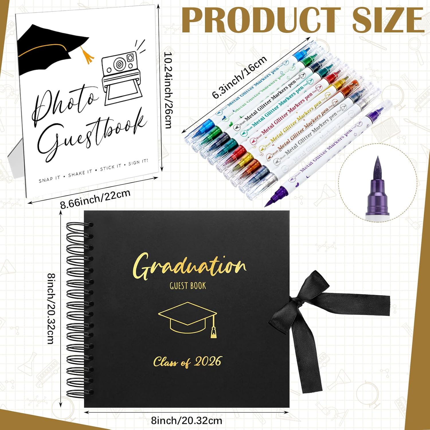 12 Pcs 2026 Graduation Guest Book with Photo Guest Book Sign, 80 Pages Scrapbook Photo Album with 10 DIY Dual Tip Metallic Markers Pens for Party, Exclude Camera(Graduation Cap,Black,8 Inches) thumbnail