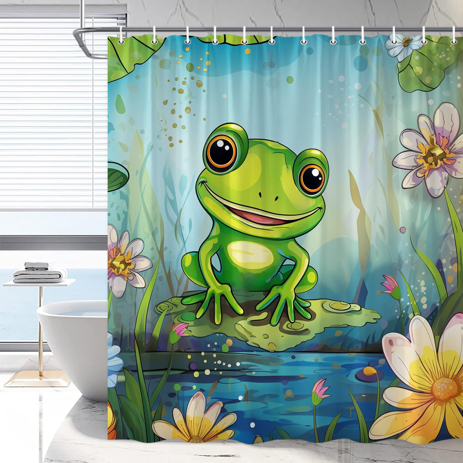 RDRUVA Frog Shower Curtain Lotus Leaf Pond Flower Animal Theme Cartoon Style Watercolour Cute Funny Animals Boys Girls Green Bathroom Decoration