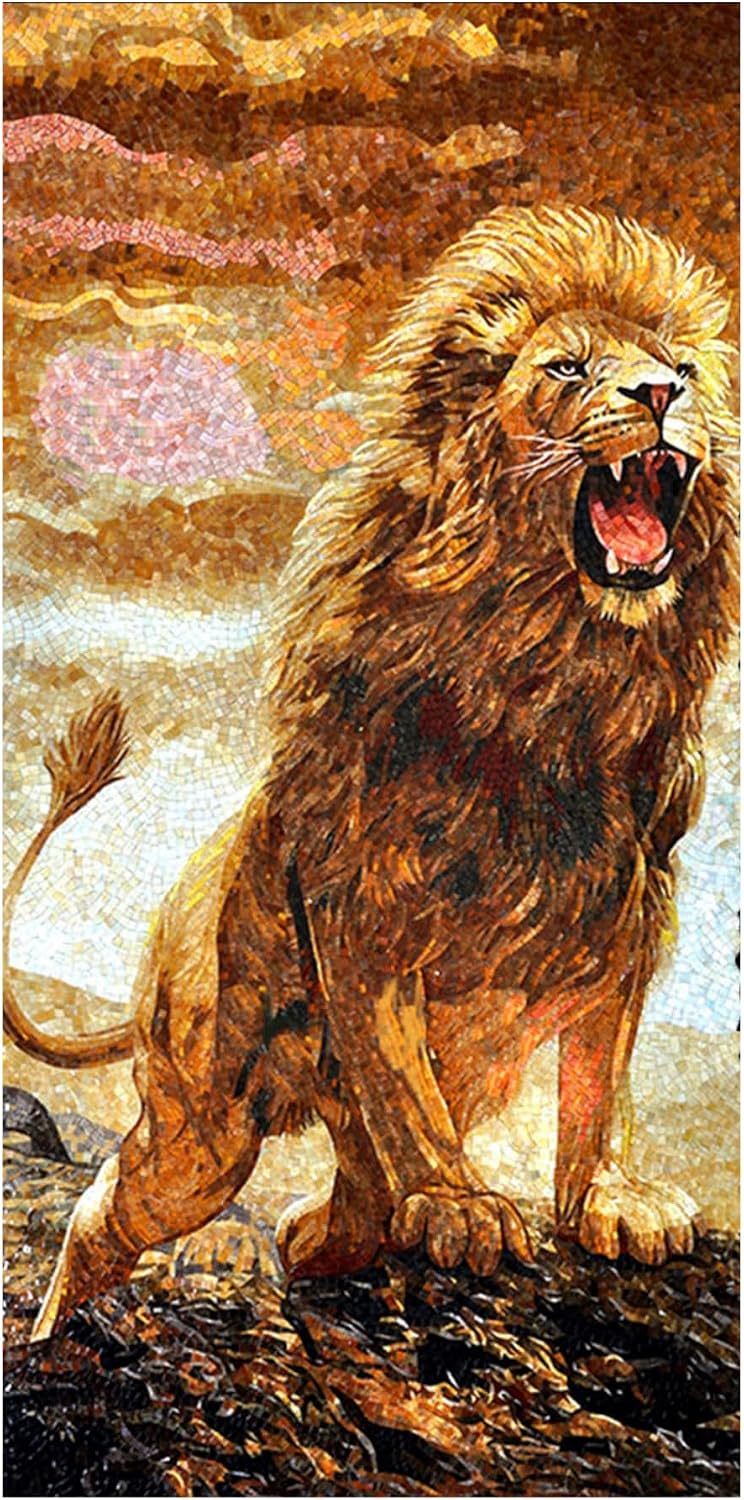 Handmade Hear Me Roar Lion Glass Mosaic Wall Art, Lion Tile Mosaic Artwork, Hand-Cut Natural Tile Wildlife Wall Décor
