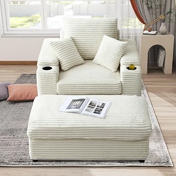 Oversized Chaise Lounge Chair Indoor, Fluffy Corduroy Upholstered Boneless Couch, Convertible Sleeper Sofa Bed & Reading Chair, Cloud Sofa Couches for Living Room, No Assembly, Beige 43.3"