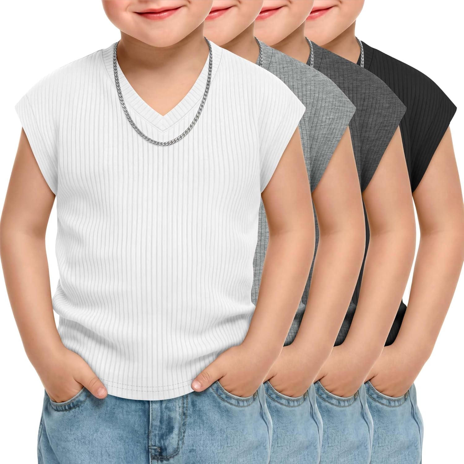 4 Pack Toddler Boys' Cap Sleeve T Shirts Ribbed V Neck Pullover Tank Tops Sleeveless Loose Fit Undershirts 18M-5T