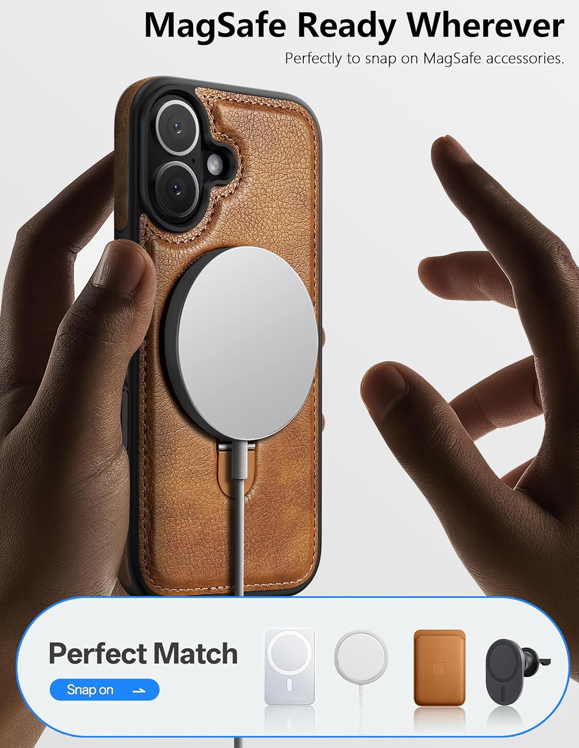 Magnetic for iPhone 17 Leather Case,Invisible Stand [Compatible with Magsafe] Slim Kickstand Phone Cove for iPhone 17 case，Brown - Image 3