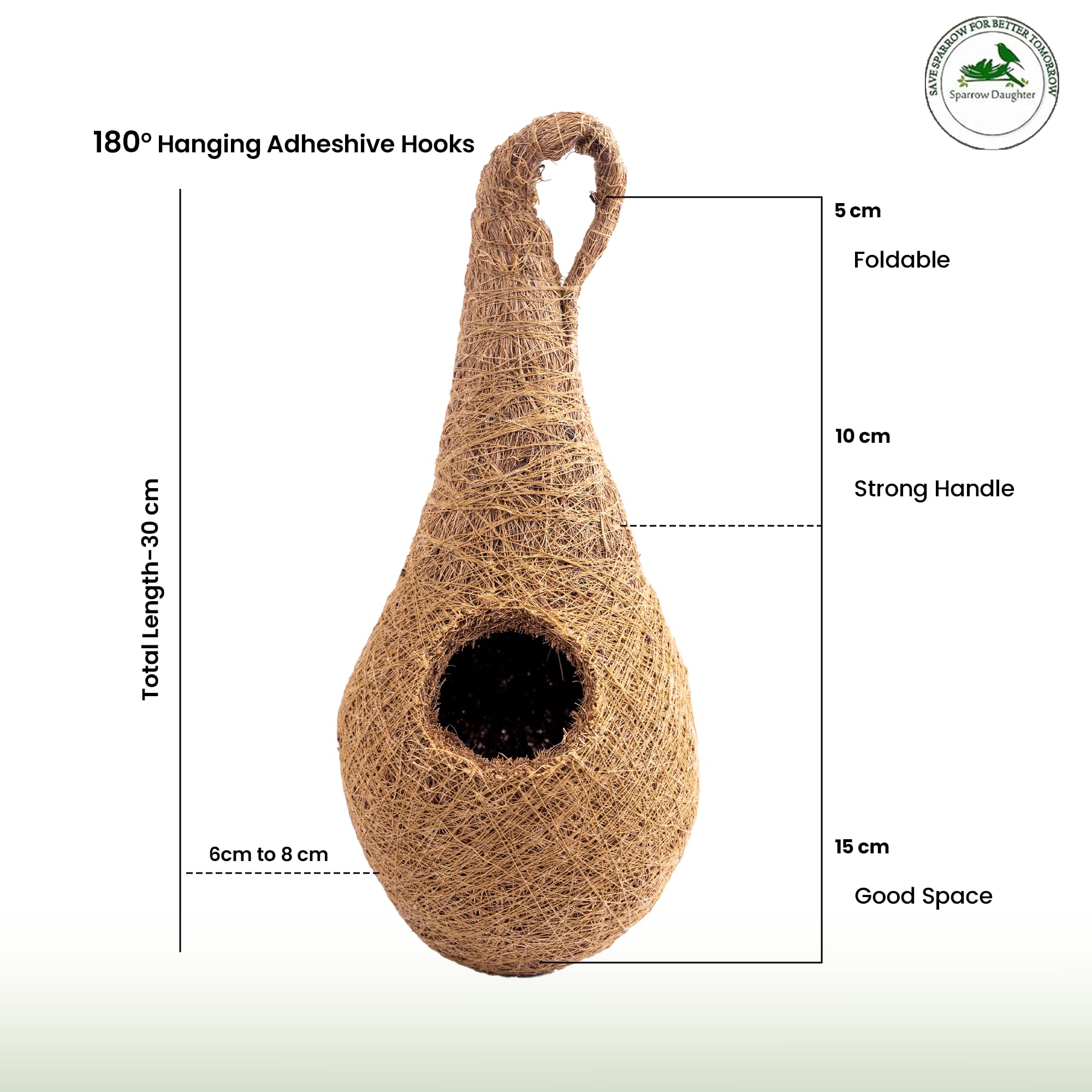 Handwoven Coir Bird Nest - Natural Hanging Birdhouse for Sparrows, Finches, Java Sparrows & Other Small Birds, Ideal for Gardens, Balconies & Trees, (Pair of 1)(* 2 pcs)