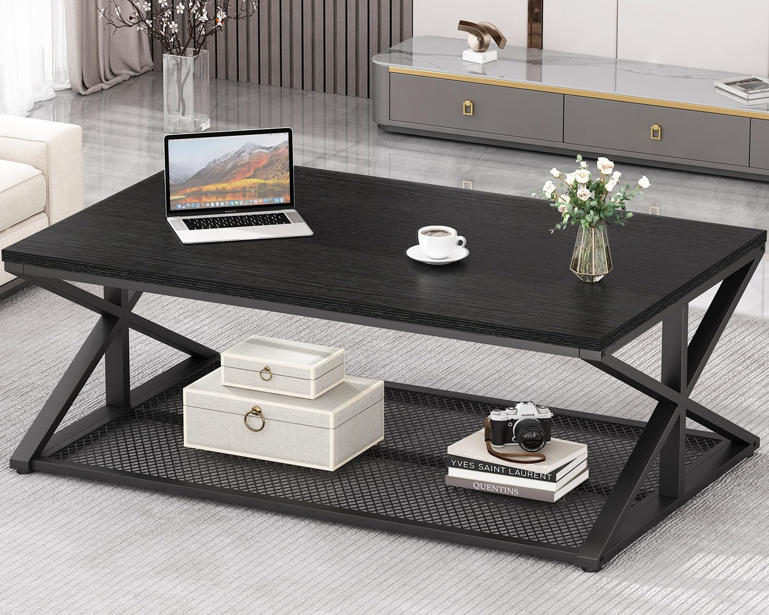 IBF Couchtisch mit Stauraum Wohnzimmertisch aus Holz Metall Industrieller Moderner Couch Wohnzimmer Tisch Mitteltisch mit Netzablage für Wohnzimmer Küche Schlafzimmer, Schwarze 120B cm