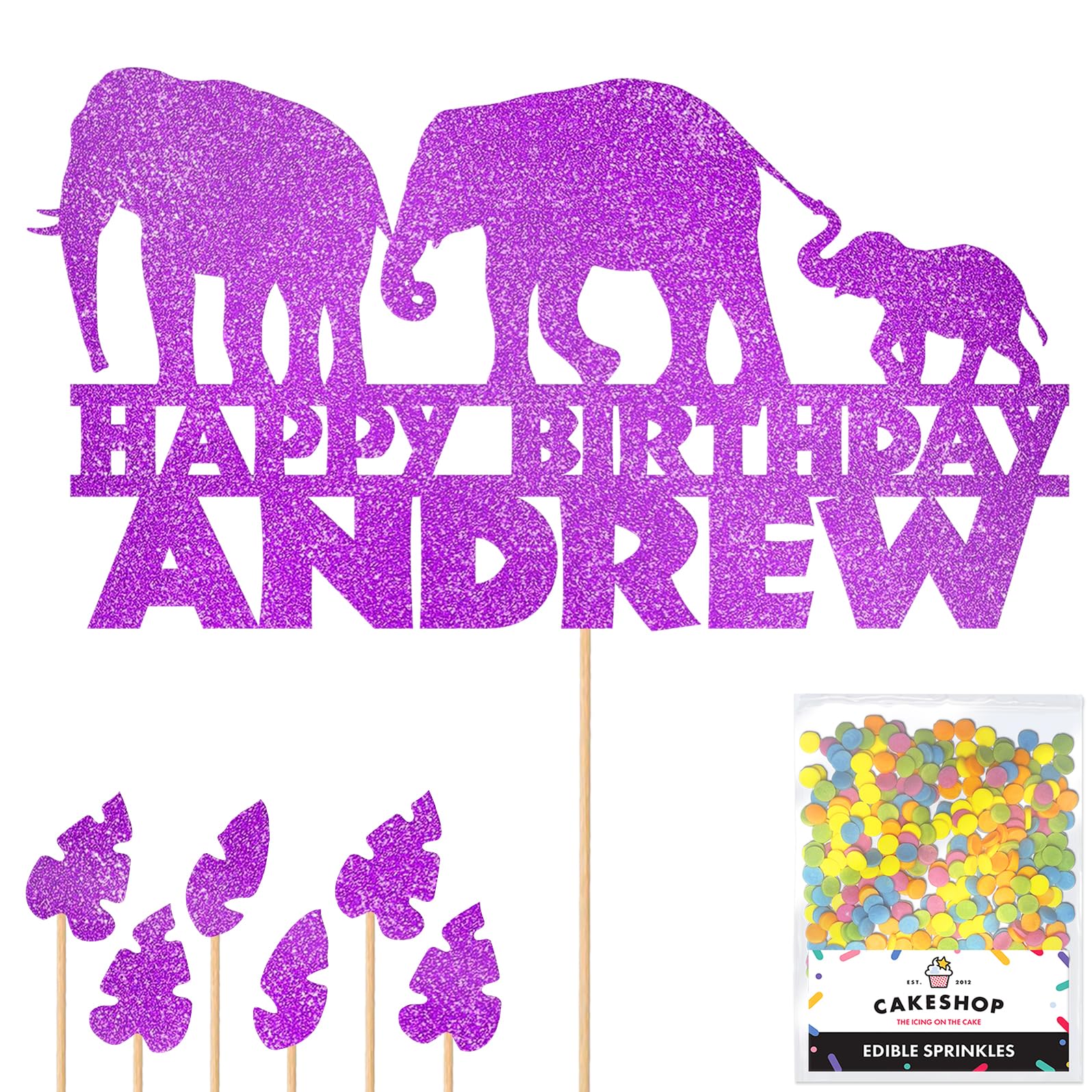 Personalised Jungle Elephant Glitter Cake Topper- Purple Any Custom Age & Name Glitter Cake Decoration and Sprinkles - Happy Birthday Decorations - Personalised Toppers for Cakes by Cakeshop โ image 1