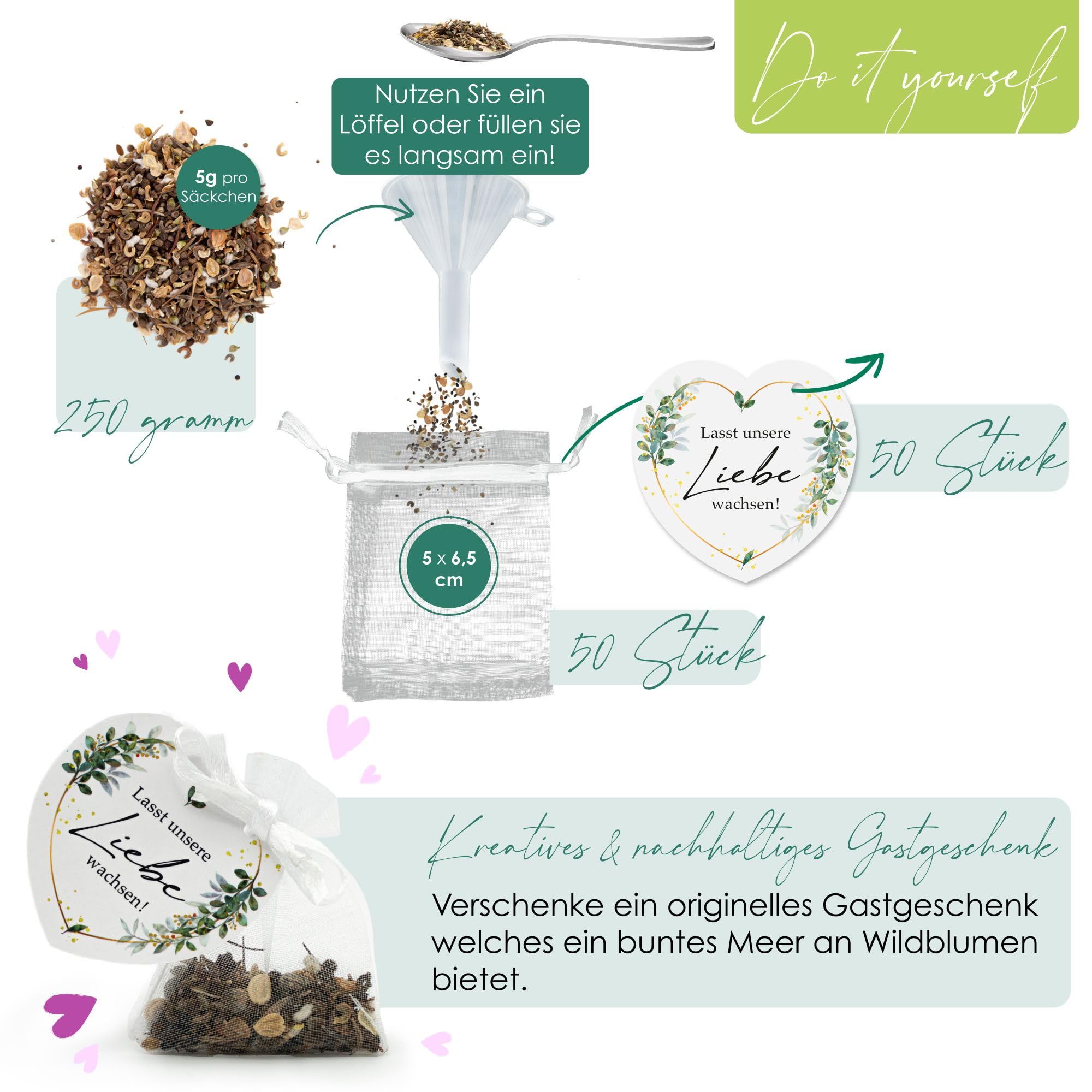 Bomboniera di nozze semi di fiori – Speciale regalo di nozze per ospiti come Give Away – Fate crescere il nostro amore – Set completo (set da 50)