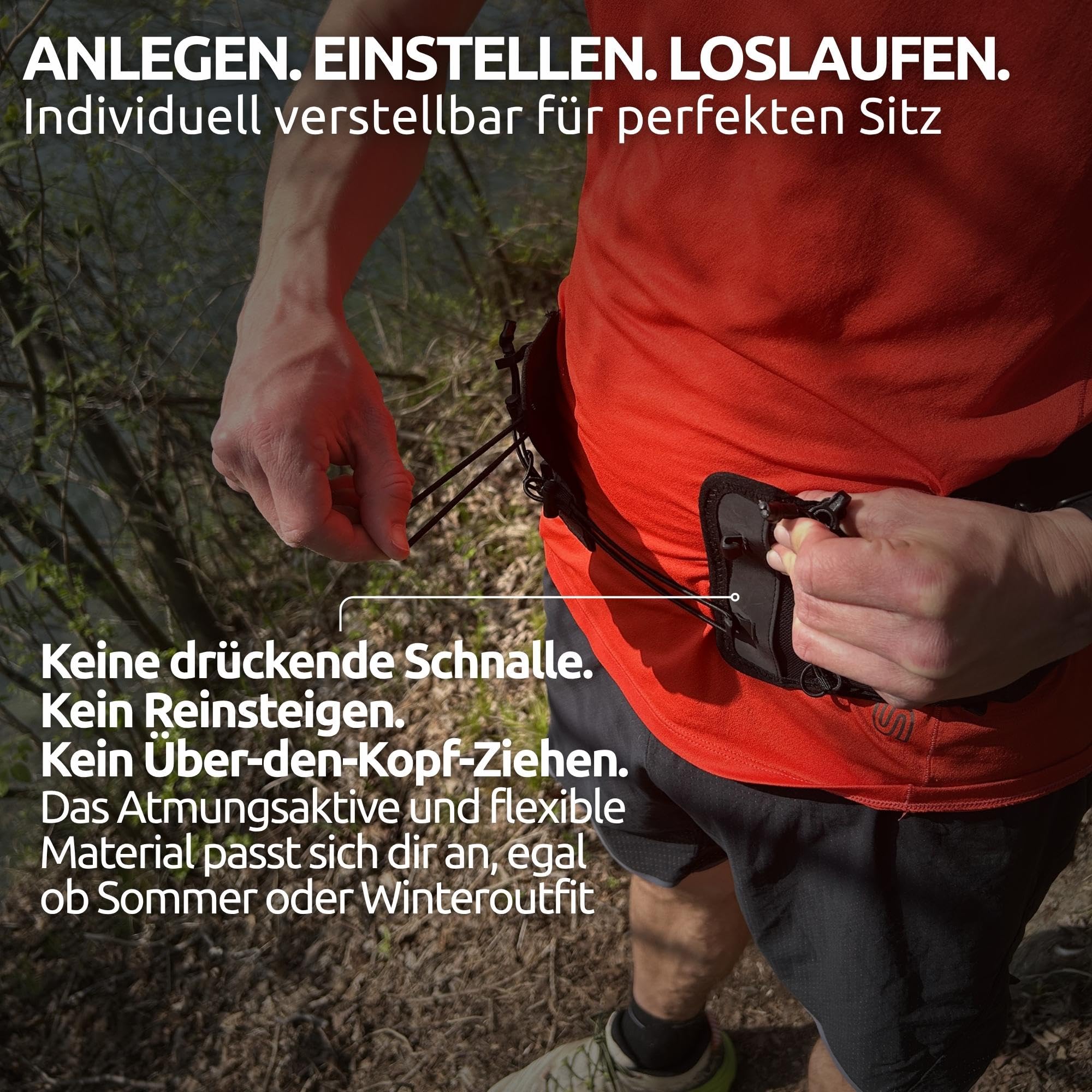 Conquer Laufgürtel Damen & Herren – Running Belt & Trinkgürtel Joggen mit Handy-Fach | Verstellbarer Laufgurt für Trinkflasche, ohne Schnalle – Kein Wackeln, kein Reinzwängen