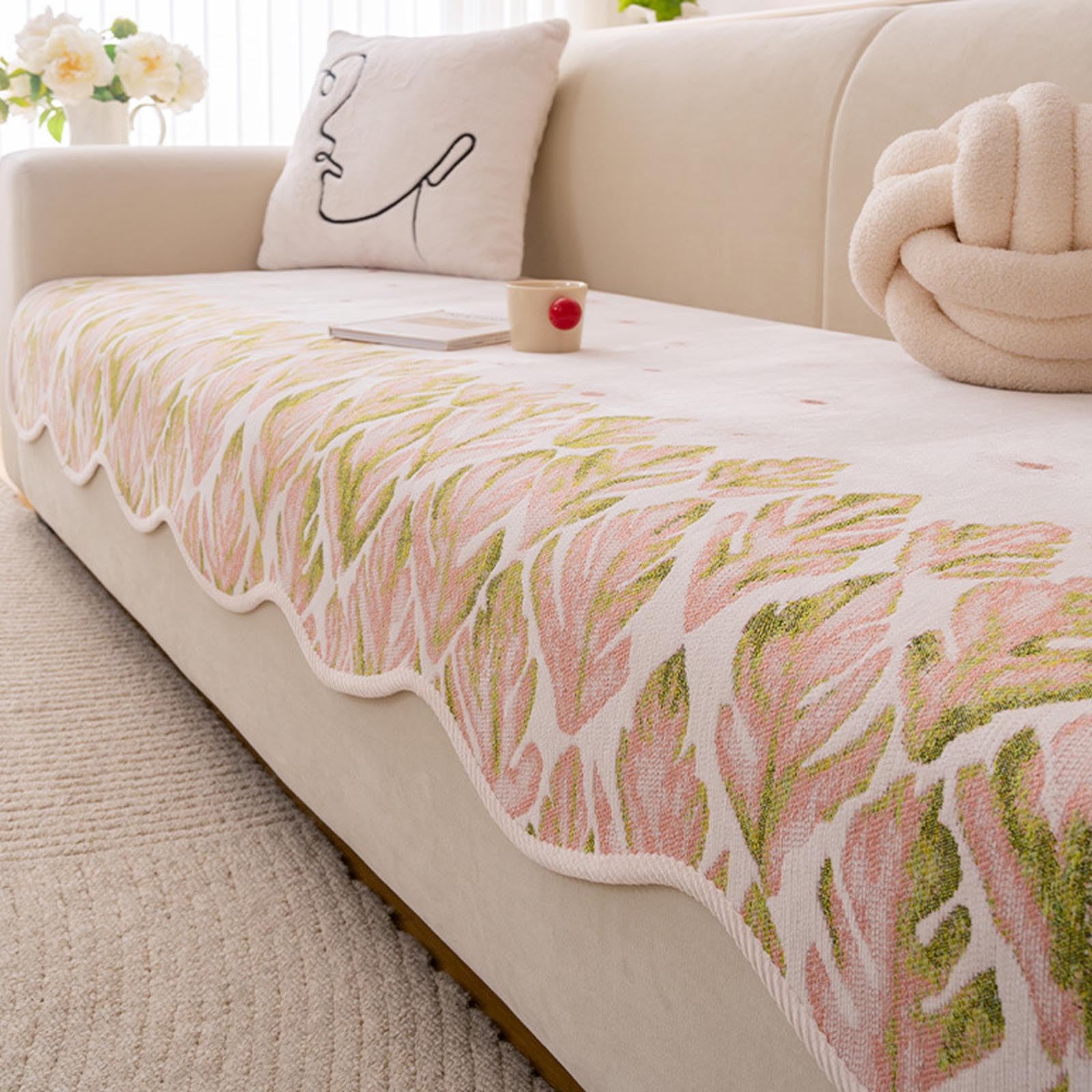 Housse de canapé antidérapante lavable en chenille rose pour protection meubles