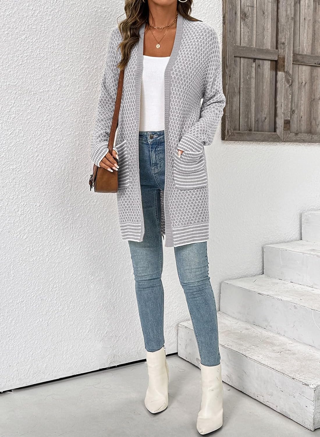 Sidefeel Womens 2025 Fall Outfits Long Sleeve Open Front Cardigan Sweaters Trendy Chunky Hexagon Knit Sweaters Coat - Image 4