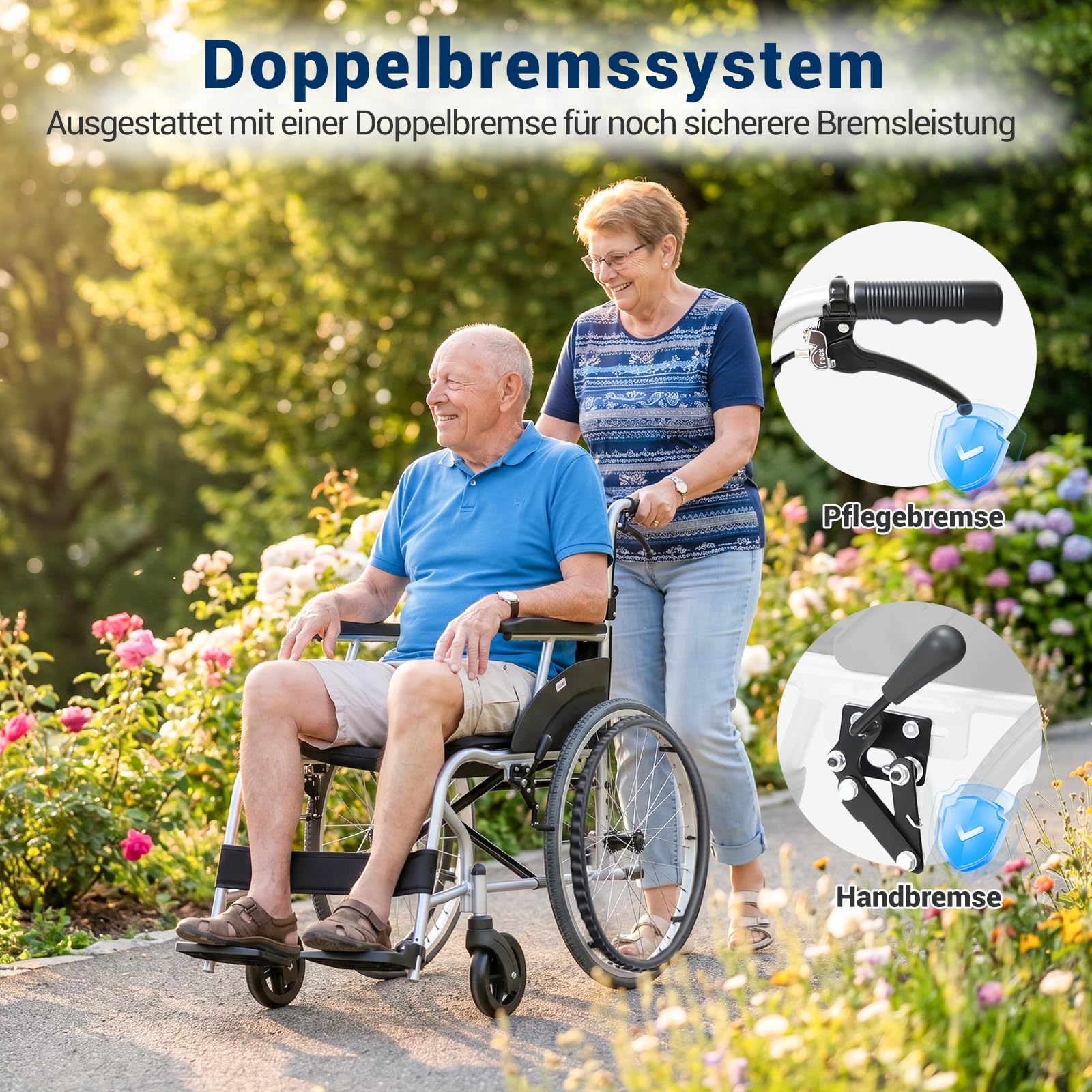 Care-parents Sedia a rotelle pieghevole leggera, 13,3 kg, in alluminio, larghezza della seduta 43 cm, doppio freno, sedia a rotelle pieghevole con autopropulsione, braccioli fissi e poggiapiedi, per