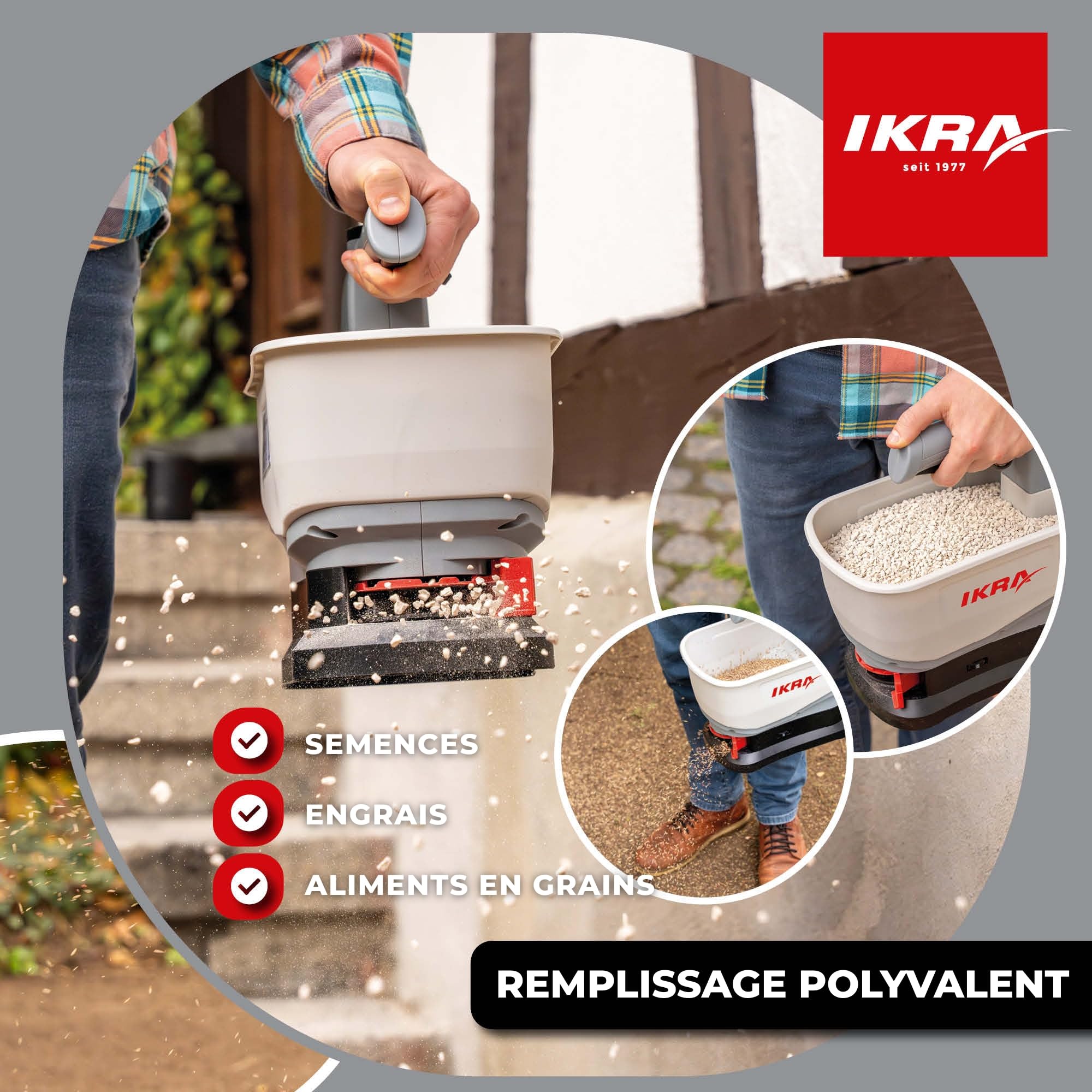 IKRA épandeur IAST 12, largeur d'épandage 5 m, batterie & chargeur incl.