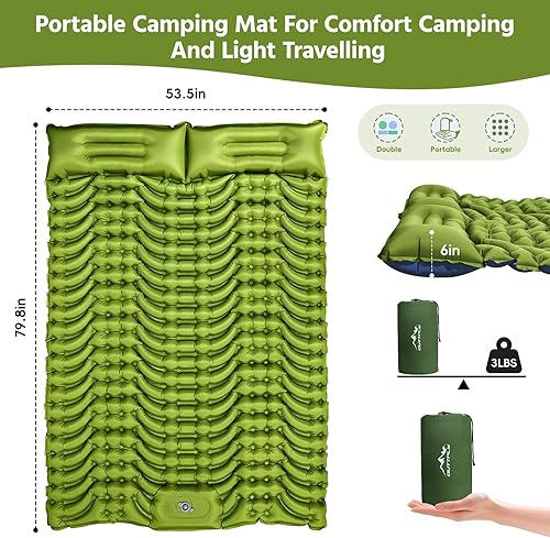 Miniatura 2 de Almohadilla de dormir doble para campamento, autoinflable de 4 pulgadas, extra gruesa, para 2 personas con almohada, bomba de pie incorporada,