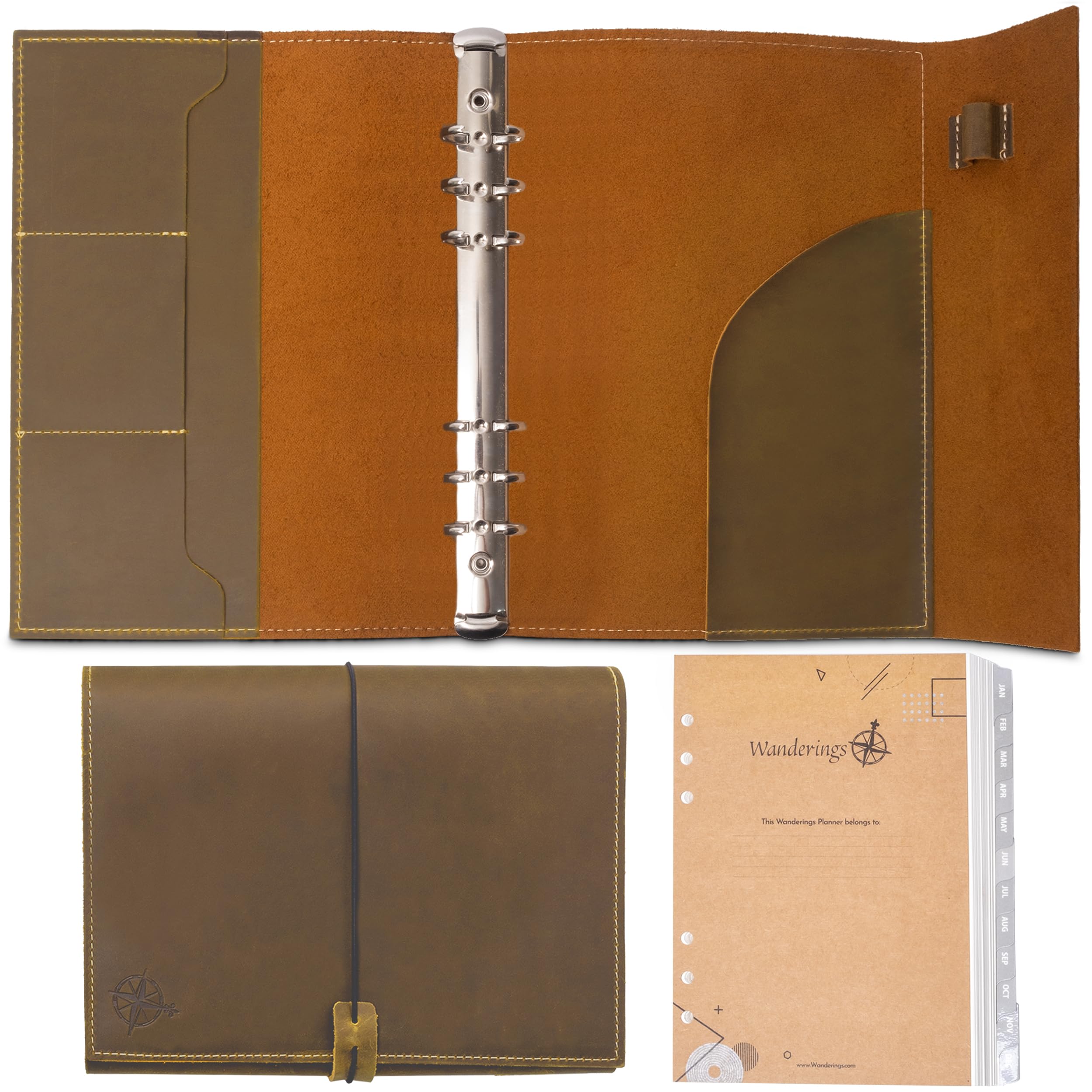 Wanderings Organizer A5 in Pelle Raccoglitore 6 Anelli - Diario Ricaricabile con Tasche Interne - Pelle Vera Artigianale Compatibile Filofax - Calendario Settimanale Mensile 2026/27-15cm x 22cm