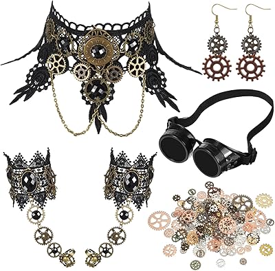 86 Pcs Steampunk Accessories Sets Include Steampunk Goggles Necklace, Gloves, Earrings, Gear Cog for Cosplay