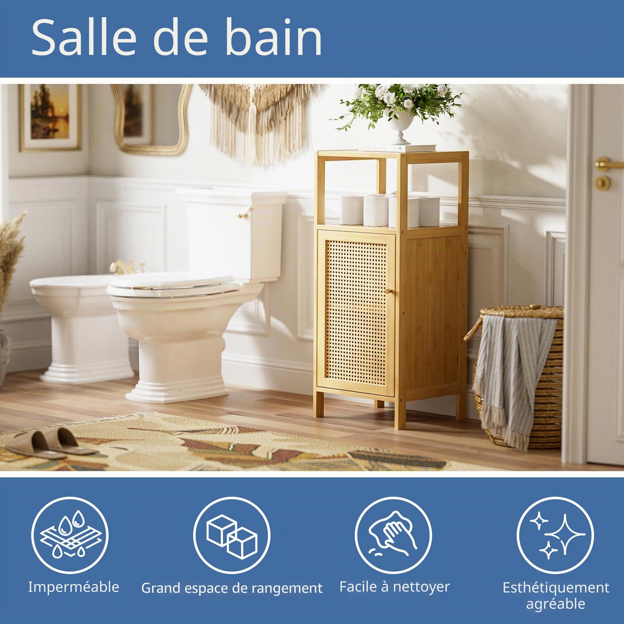 HITNET Armoire de Rangement en Rotin, Petit Meuble de Salle de Bain avec Porte, Armoire sur Pied en Bambou, Organisateur latéral étroit autoportant pour Salon, Cuisine, entrée, Naturel