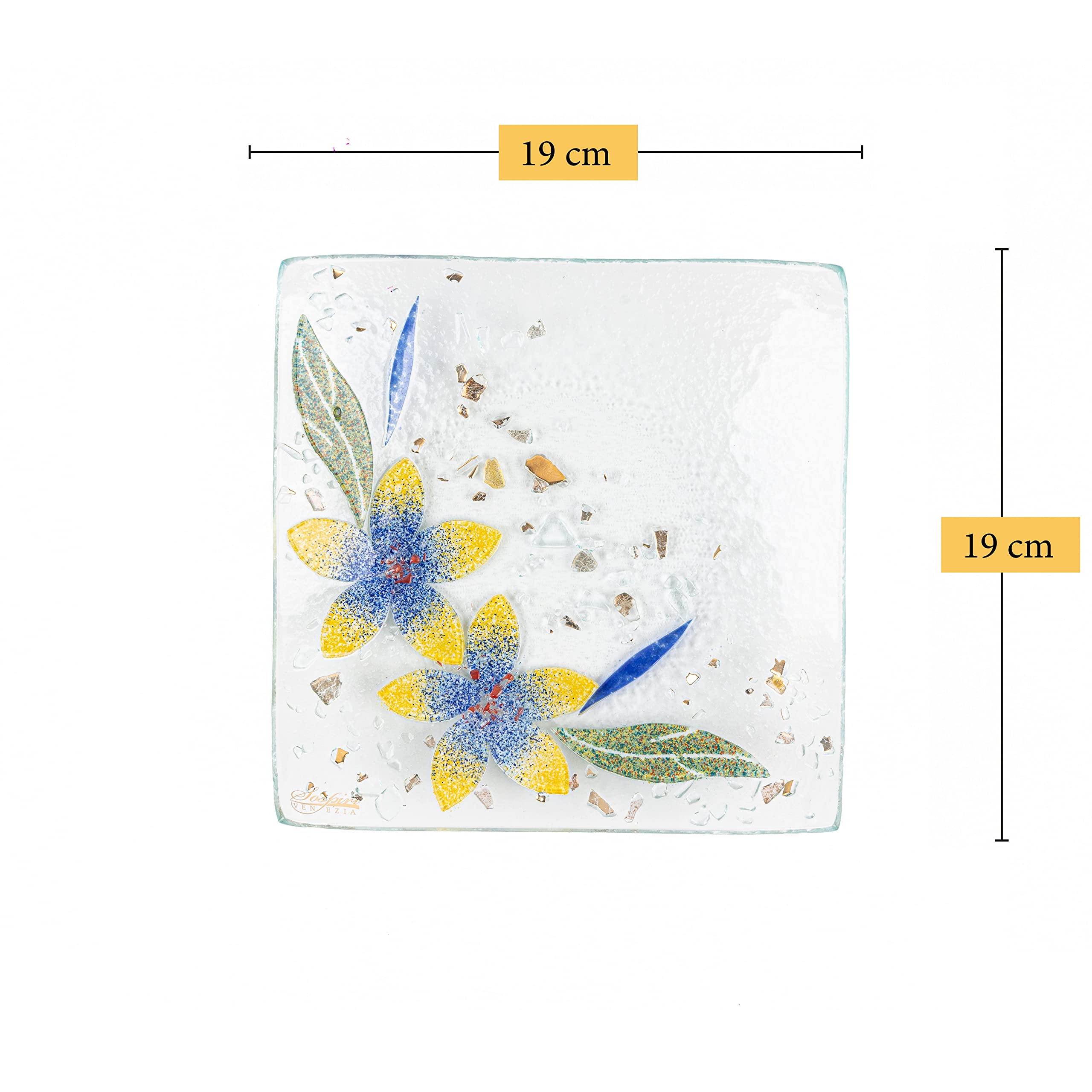SOSPIRI VENEZIA Svuotatasca Piatto Soprammobile Decoro Floreale Vetro Murano Centrotavola Arredo Casa Idea Regalo Realizzato a Mano Made Italy (cm19X19 Quadrato)