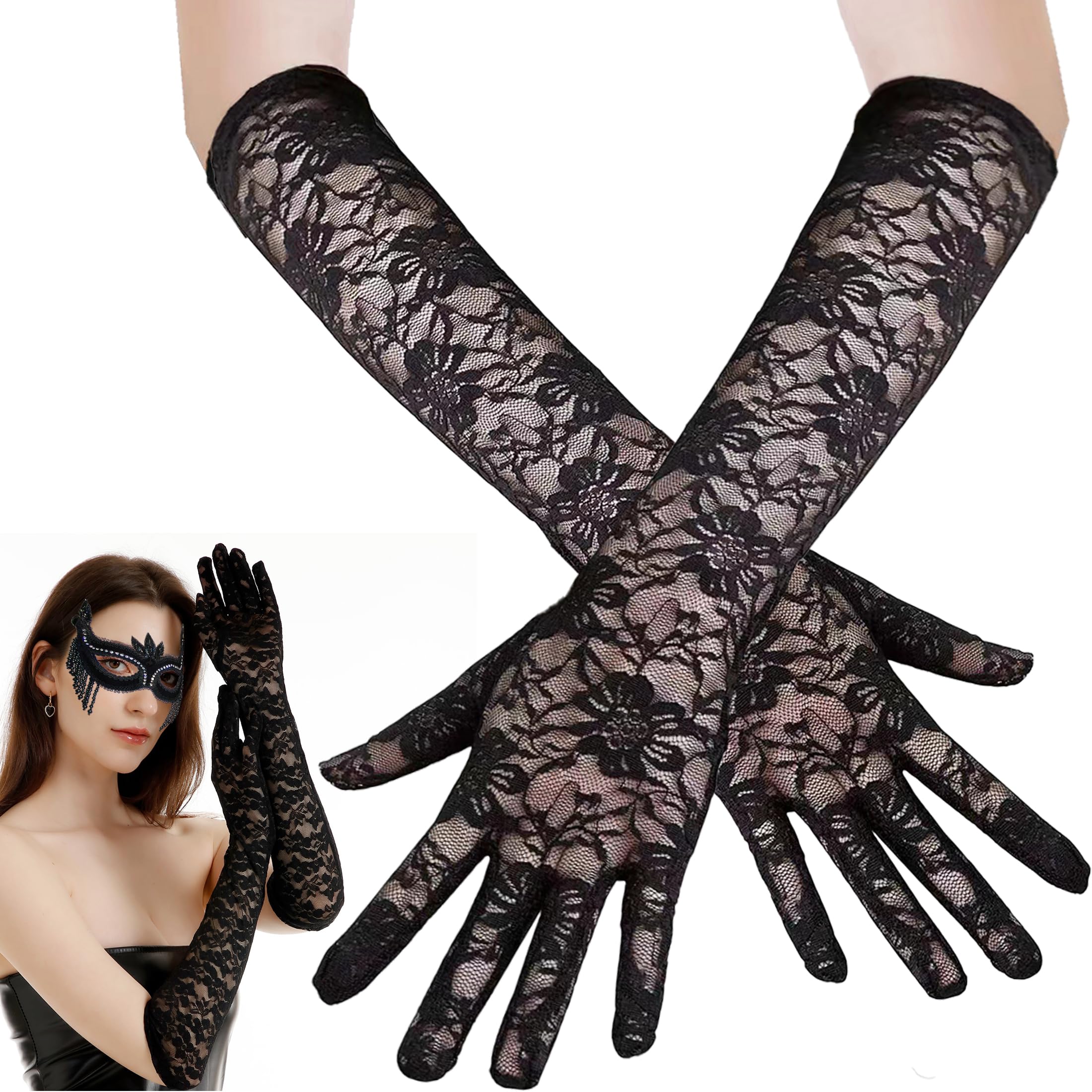 Pelizen Black Lace Gloves Women, Halloween Glove, Black Long Lace Gloves for Halloween Decorations, Costumes, Cosplay, Wedding, Evening Party