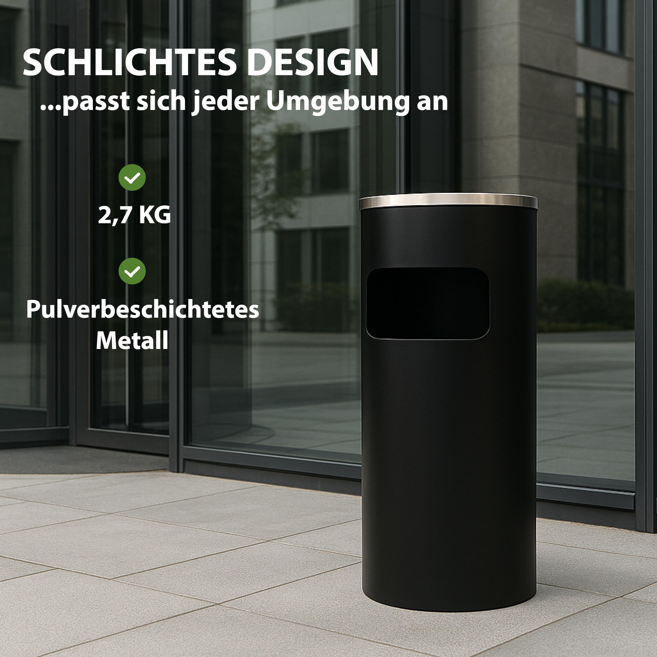 TRUTZHOLM Standaschenbecher für draußen 61x25 cm 30L Schwarz Metall pulverbeschichtet Mülleimer mit Inneneimer und Abaschschale Abfalleimer 2in1 Mülleimer mit Aschenbecher Outdoor Hotel Restaurant